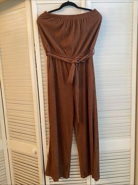 Off-Shoulder Brown Wide-Leg Jumpsuit with Self-Tie Waist